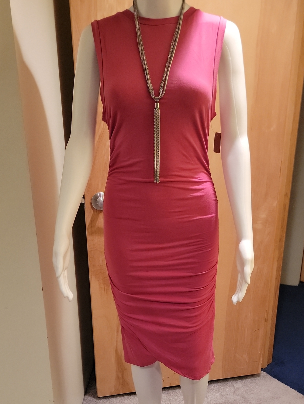 Sleeveless Ruched Midi Dress in Raspberry Pink With INC necklace